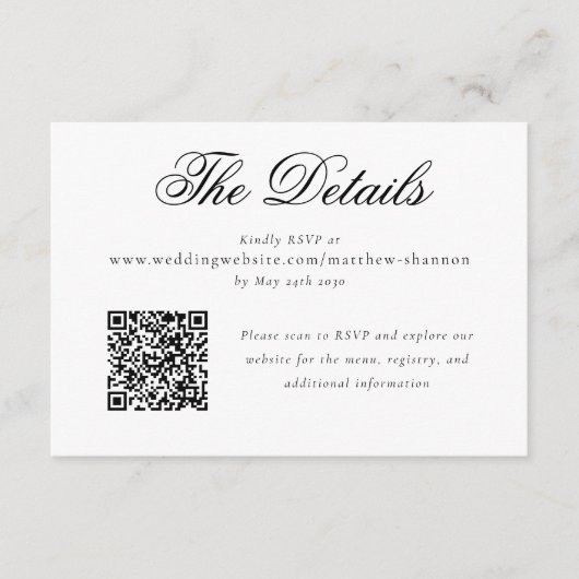 スクリプエレガントト白黒ウェディングRSVP詳細 エンクロージャーカード (正面)