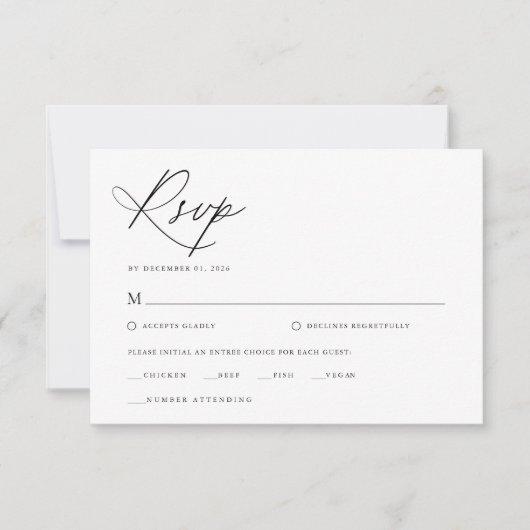 スクリプエレガントト白黒クラシックの結婚 出欠カード (正面)