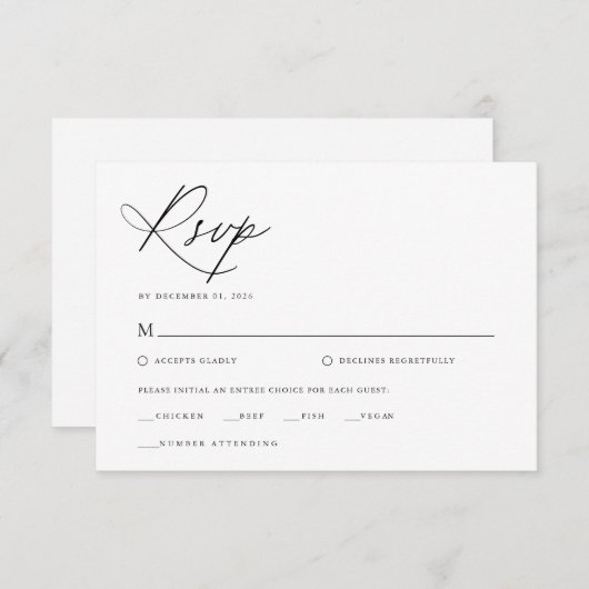 スクリプエレガントト白黒クラシックの結婚 出欠カード (正面/裏面)