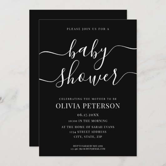 スクリプエレガントト白黒ベビーシャワー 招待状 (正面/裏面)