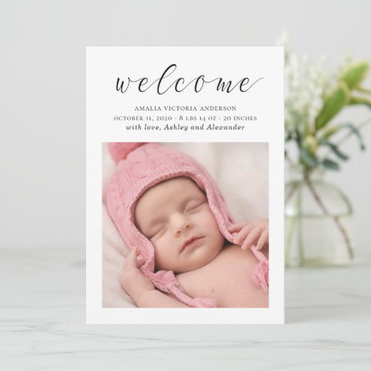 スクリプエレガントト白黒生まれたばかりの、新生児誕生 案内状 (スタンド正面)