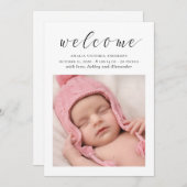 スクリプエレガントト白黒生まれたばかりの、新生児誕生 案内状 (正面/裏面)