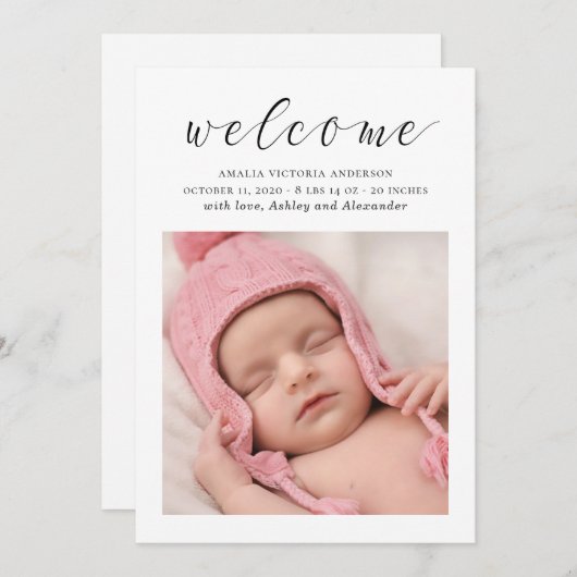 スクリプエレガントト白黒生まれたばかりの、新生児誕生 案内状 (正面/裏面)