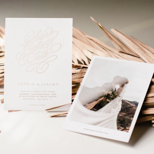 スクリプエレガントト結婚式の保存日付バラ金ゴールド 箔招待状