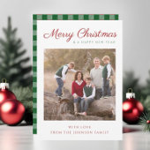 スクリプエレガントト緑の格子模様のクリスマスフォト シーズンカード
