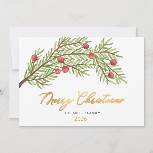 スクリプエレガントト緑の赤いベリーのクリスマス シーズンカード (正面)
