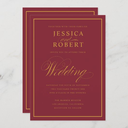 スクリプエレガントト縁どMerlot Burgundy結婚's 招待状 (正面/裏面)