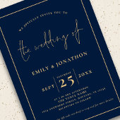 スクリプエレガントト行QRコードネイビーブルー金ゴールド結婚ズ 招待状