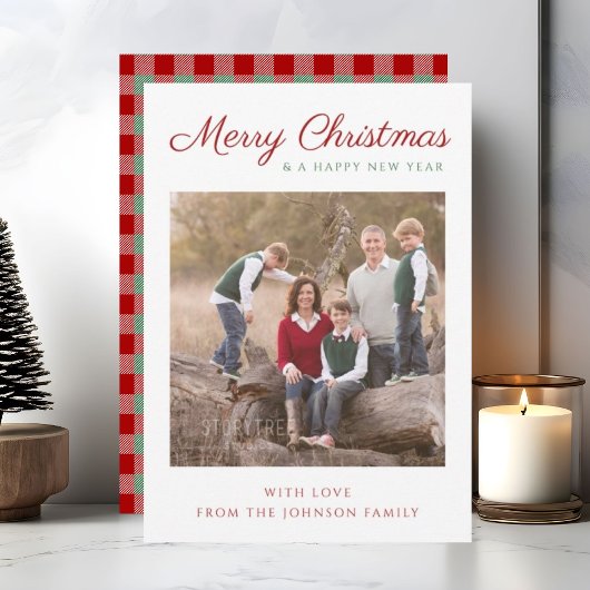 スクリプエレガントト赤い緑の格子模様クリスマスフォト シーズンカード