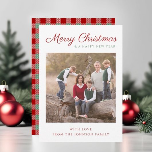 スクリプエレガントト赤い緑の格子模様クリスマスフォト シーズンカード
