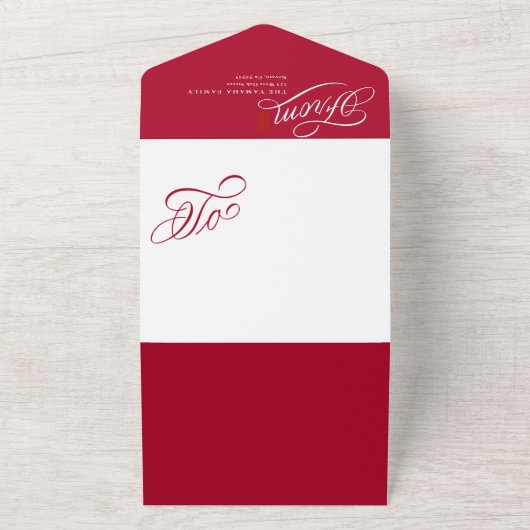 スクリプエレガントト赤ハッピーホリデーフォトカード オールインワン招待状 (外側)