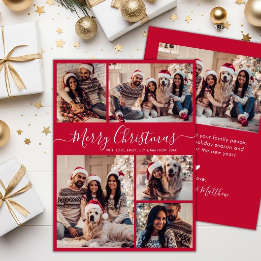 スクリプエレガントト赤5フォトコラージクリスマス シーズンカード