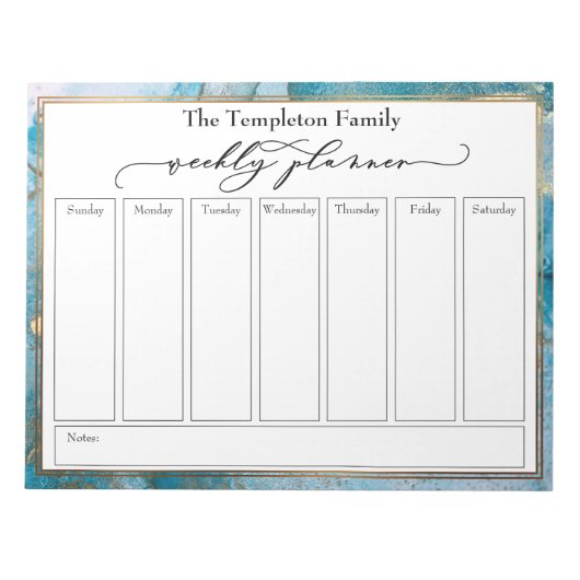 スクリプエレガントト週間プランナーティール（緑がかった色）と金ゴールドアート ノートパッド (正面)