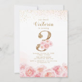 スクリプエレガントト金ゴールドと赤面フローラ3歳の誕生日 招待状 (正面)