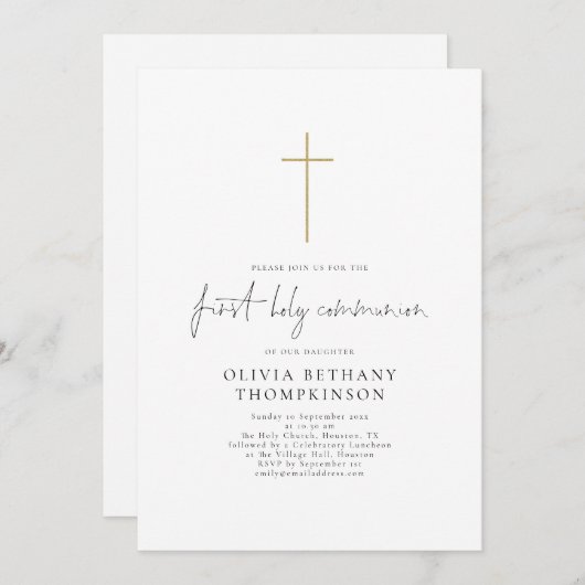 スクリプエレガントト金ゴールドクロス最初の聖餐式 招待状 (正面/裏面)