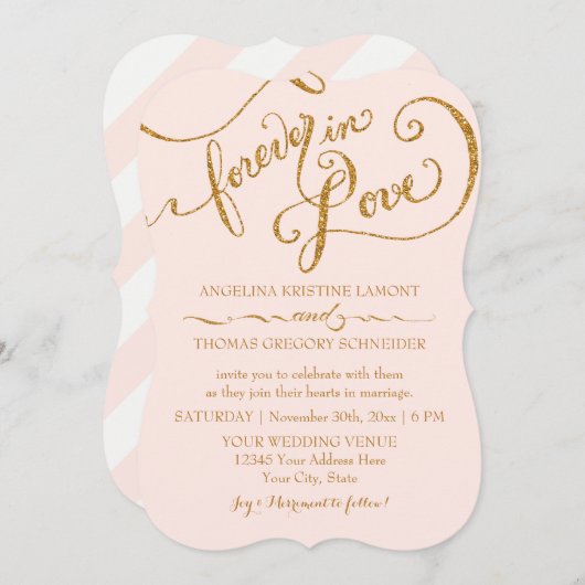 スクリプエレガントト金ゴールドグリッターピストライプのック結婚ス 招待状 (正面/裏面)