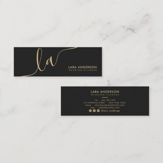 スクリプエレガントト金ゴールドブラックモダンモノグラムイニシャル スキニー名刺 (正面/裏面)