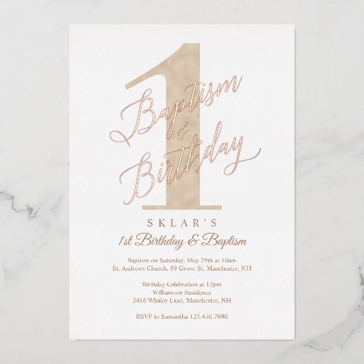 スクリプエレガントト金ゴールドベビーの誕生日とバプテスマ 箔招待状 (正面)