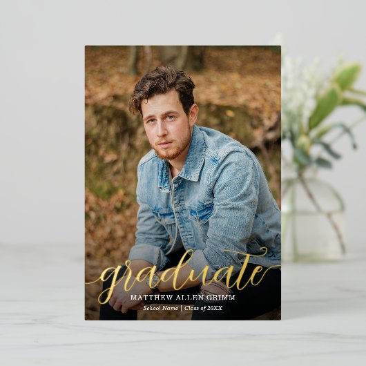 スクリプエレガントト金箔写真卒業 箔招待状 (立ち正面)