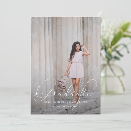 スクリプエレガントト青い写真の卒業 案内状 (スタンド正面)