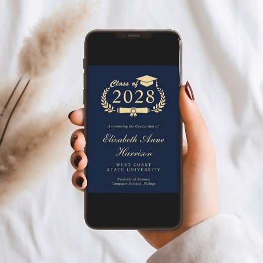 スクリプエレガントト青金ゴールドフォトカレッジ卒業 案内状