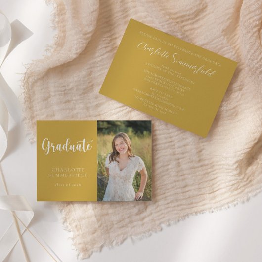 スクリプエレガントト黄色金ゴールド写真卒業 招待状