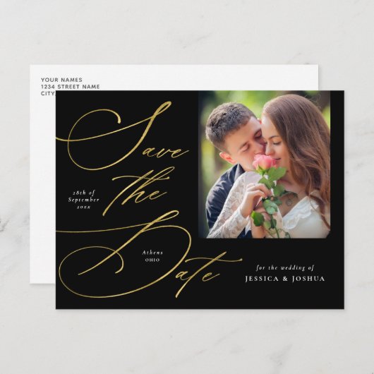 スクリプエレガントト黒と金ゴールド写真の日付の保存 ポストカード (正面/裏面)