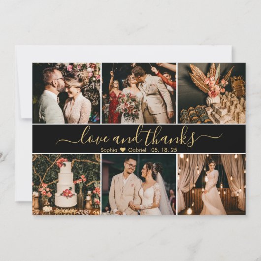 スクリプエレガントト黒と金ゴールド6フォトコラージュ サンキューカード (正面)