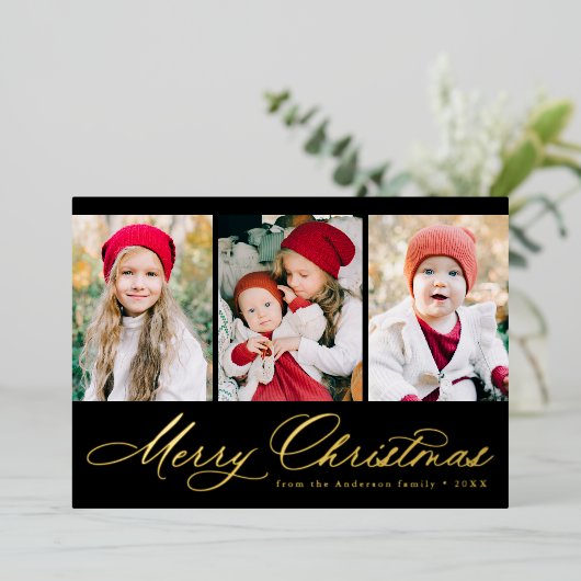スクリプエレガントト黒メリークリスマス3写真 箔シーズンカード (立ち正面)
