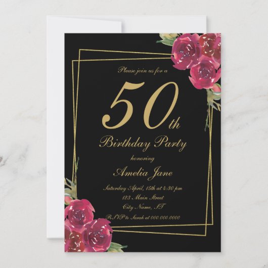 スクリプエレガントト黒金ゴールドフローラ50誕生日 招待状 (正面)