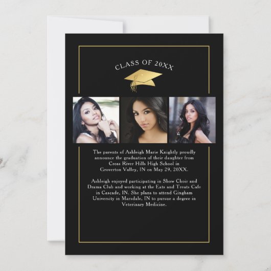 スクリプエレガントト黒金ゴールド4写真卒業 案内状 (裏面)