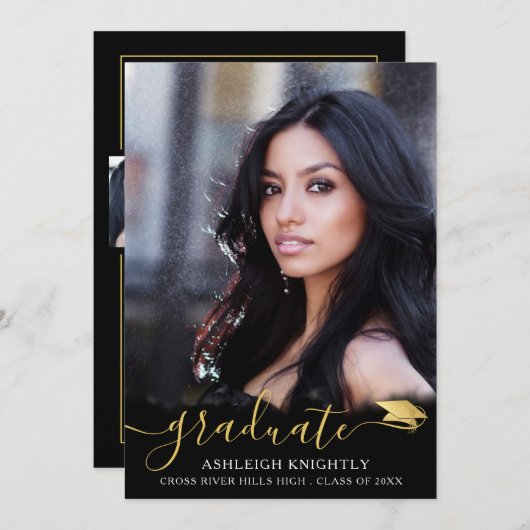 スクリプエレガントト黒金ゴールド4写真卒業 案内状 (正面/裏面)