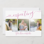 スクリプエレガントト3スクウェア写真ピンクネイビー妊娠 案内状 (正面)