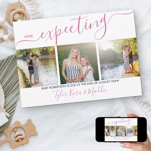 スクリプエレガントト3スクウェア写真ピンクネイビー妊娠 案内状