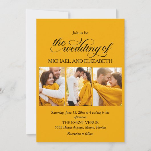 スクリプエレガントト3フォトイエロー結婚ズ 招待状 (正面)