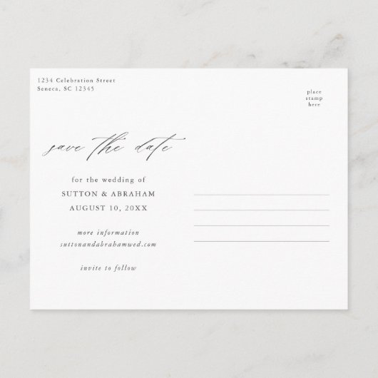 スクリプエレガントト3フォトウェディング日付の保存 案内ポストカード (裏面)