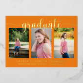 スクリプエレガントト3フォトオレンジ卒業ゴールドフォイル 箔招待状 (正面)
