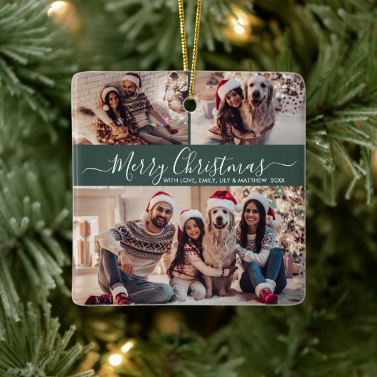 スクリプエレガントト3フォトコラージグリーンクリスマス セラミックオーナメント (ツリー)