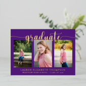スクリプエレガントト3フォトパープル卒業金ゴールド 箔招待状 (立ち正面)
