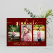 スクリプエレガントト3フォトマルーン卒業金ゴールド 箔招待状 (立ち正面)