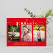 スクリプエレガントト3フォトレッド卒業金ゴールド 箔招待状 (立ち正面)