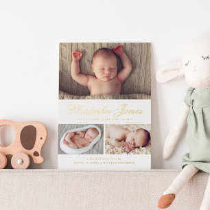 スクリプエレガントト3写真コラージュ生誕発表 箔招待状