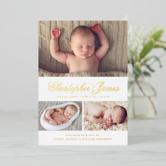 スクリプエレガントト3写真コラージュ生誕発表 箔招待状 (立ち正面)