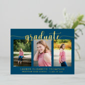 スクリプエレガントト3 Photo Navy Blue卒業金ゴールド 箔招待状 (立ち正面)