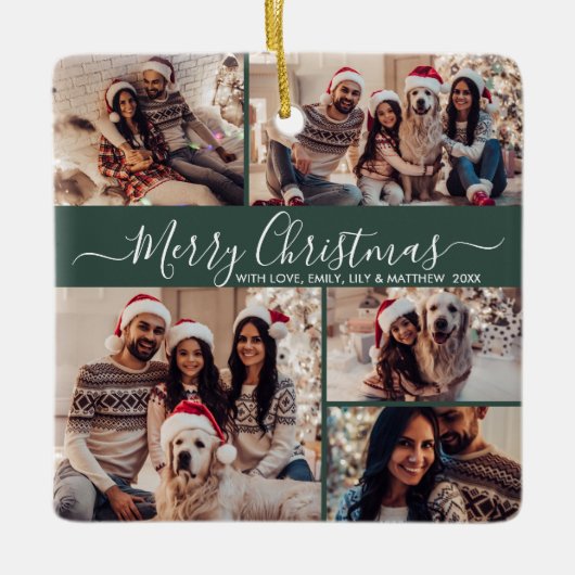 スクリプエレガントト5フォトコラージグリーンクリスマス セラミックオーナメント (正面)