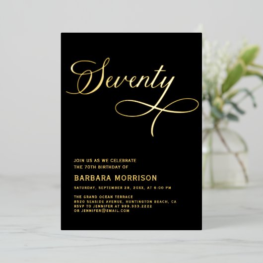 スクリプエレガントト70ブラック金ゴールド70誕生日 箔招待状 (立ち正面)
