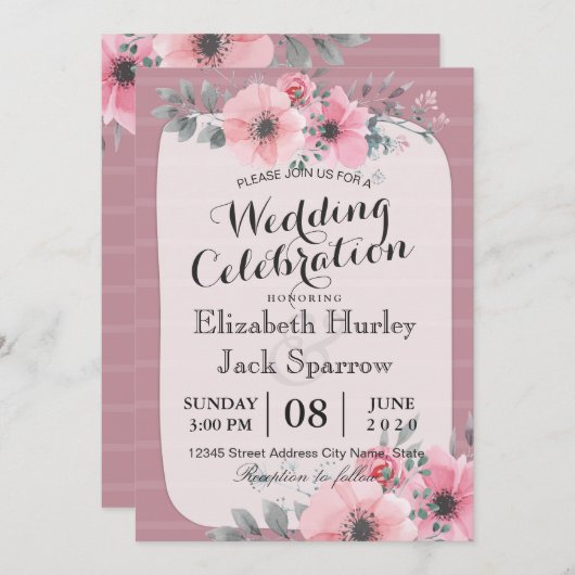 スクリプエレガントト&ウォーター色フローラウェディングシャワー 招待状 (正面/裏面)