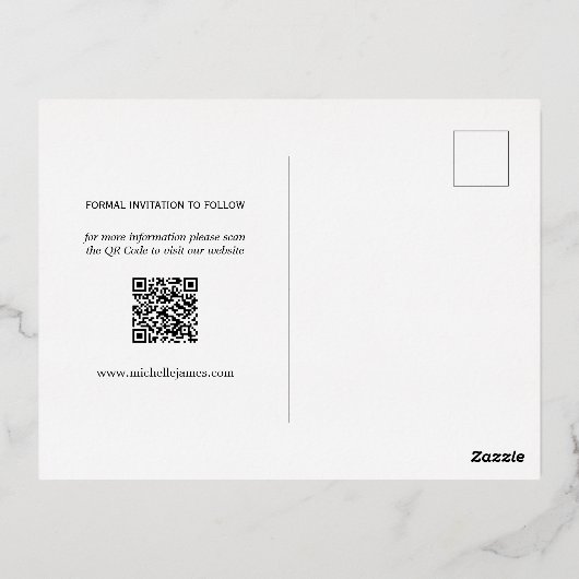 スクリプエレガントト・カップル写真ウェディング日付の保存 箔招待状ポストカード (裏面)