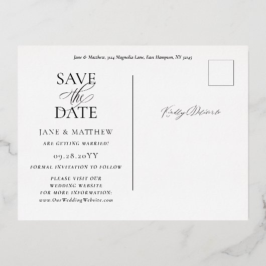 スクリプエレガントト&フォトウェディング日付金ゴールドの保存 箔招待状ポストカード (裏面)