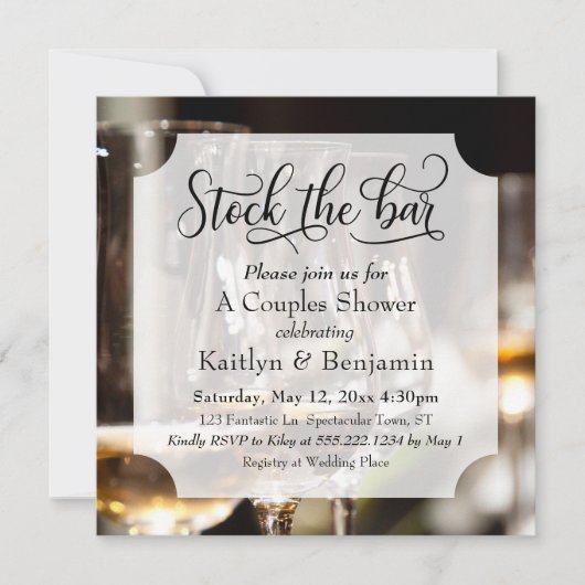 スクリプエレガントト、フォトストックバーカップルのシャワー 招待状 (正面)